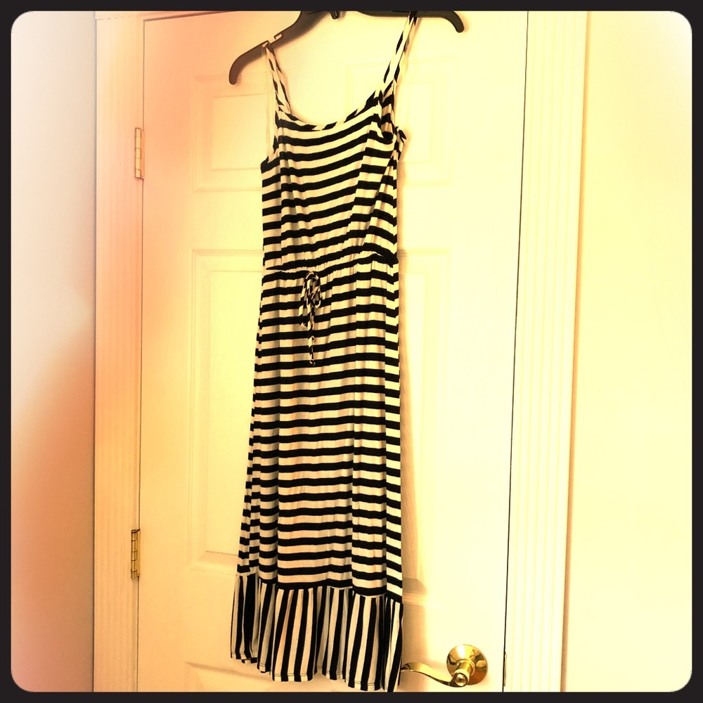 Black & white stripe tea length dress The Outfit